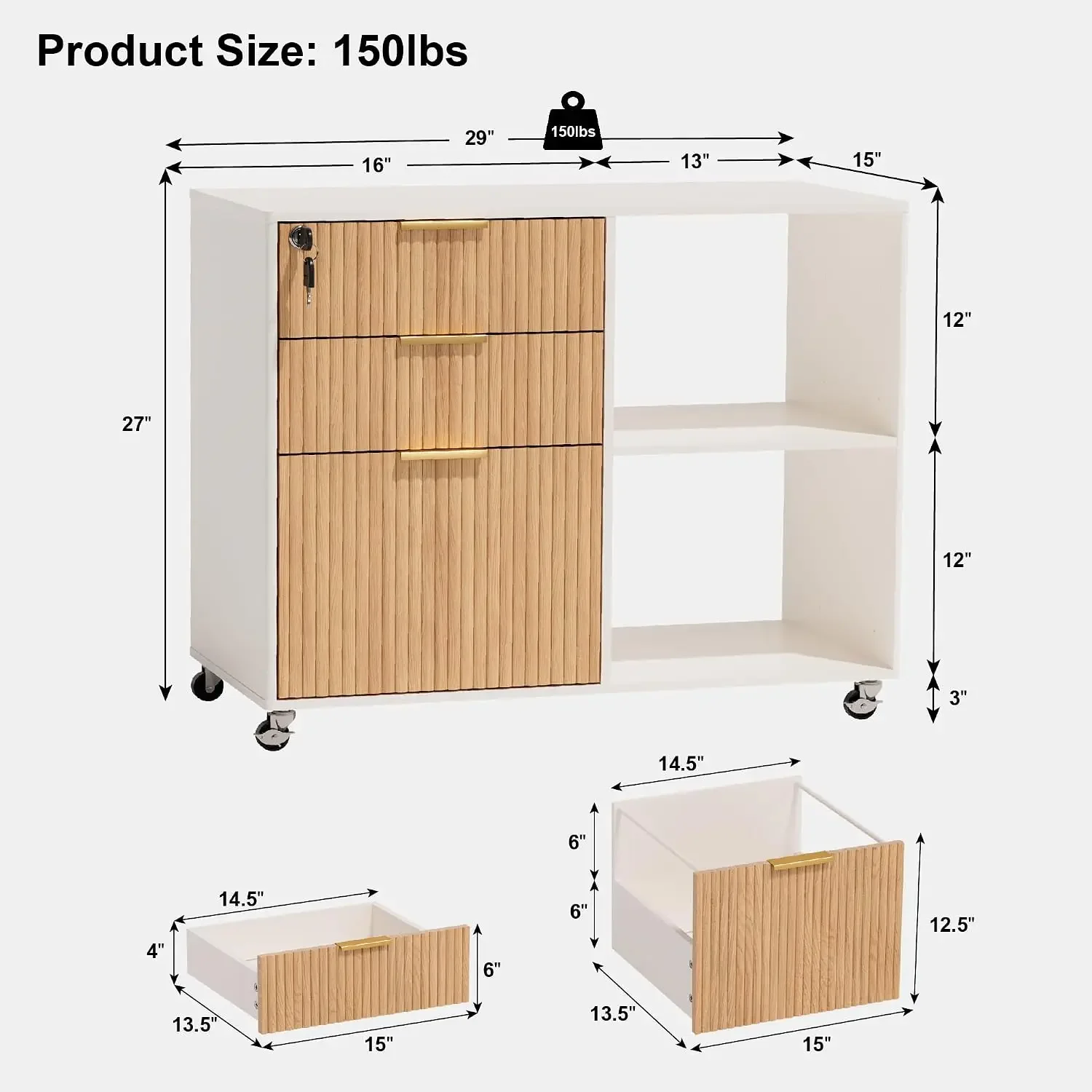 3 Drawer Fluted Mobile Filing Cabinet with Lock, Lateral Rolling Under Desk File Cabinet, Wooden Printer Stand Table for Home