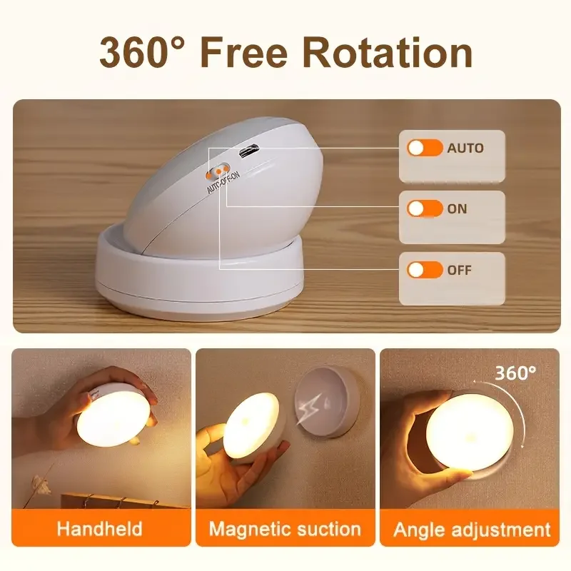 Motion Sensor Night Light 360° Rotating LED Night Light Cabinet Light Portable Battery Night Light For Bedroom Hallway Kitchen