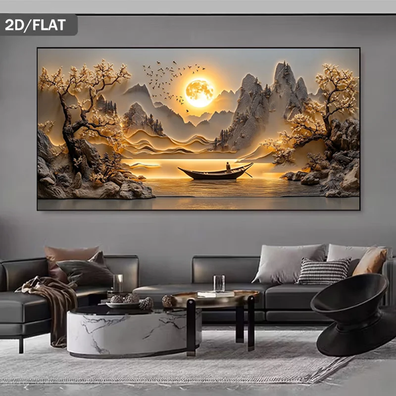 

2D/Flat Frameless Abstract Mountain Moonlit Canvas Artworks - Modern Golden Canvas Prints for Living Rooms and Offices Decortion
