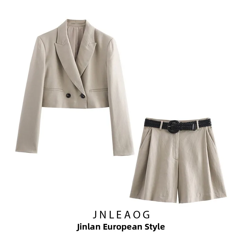 

JNLEAOG Autumn New Women's Mixed Fibre Short Suit Jacket with Belted Shorts Set Fashionable European Style Polyester Fabric L...