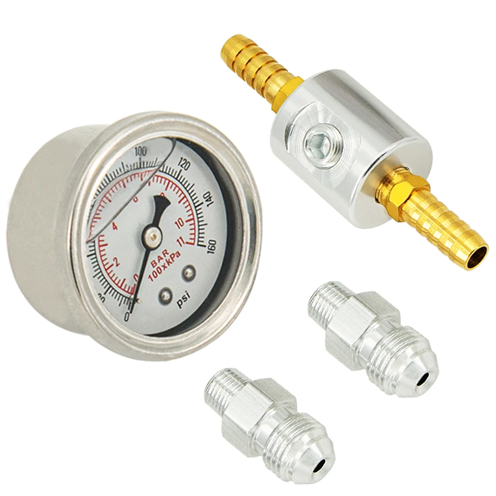 Universal 1/8 NPT Fuel Pressure Gauge Liquid Filled Polished Case 0-160 psi and adaptor kit For fuel injection systems