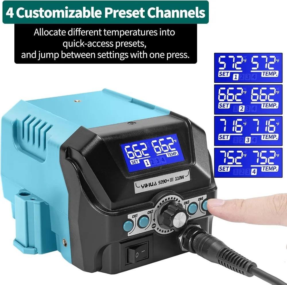 Kit Stasiun Solder Digital dengan Layar LCD, Daya Tinggi 110W, 4 Saluran Memori, Mode Tidur, dan Aksesori