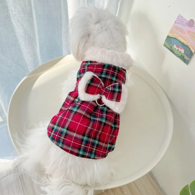 Red Checkered Cotton Dress for Pets Small Dogs Christmas and New Year Thick and Warm Autumn and Winter Dog Plush Coat