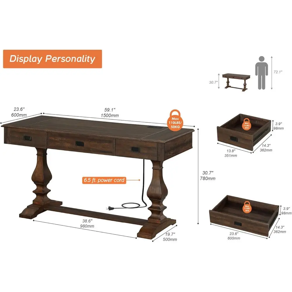 60 Vintage Walnut Executive Desk with Solid Wood Legs, Rustic Style, Deep Drawers, Power Outlets