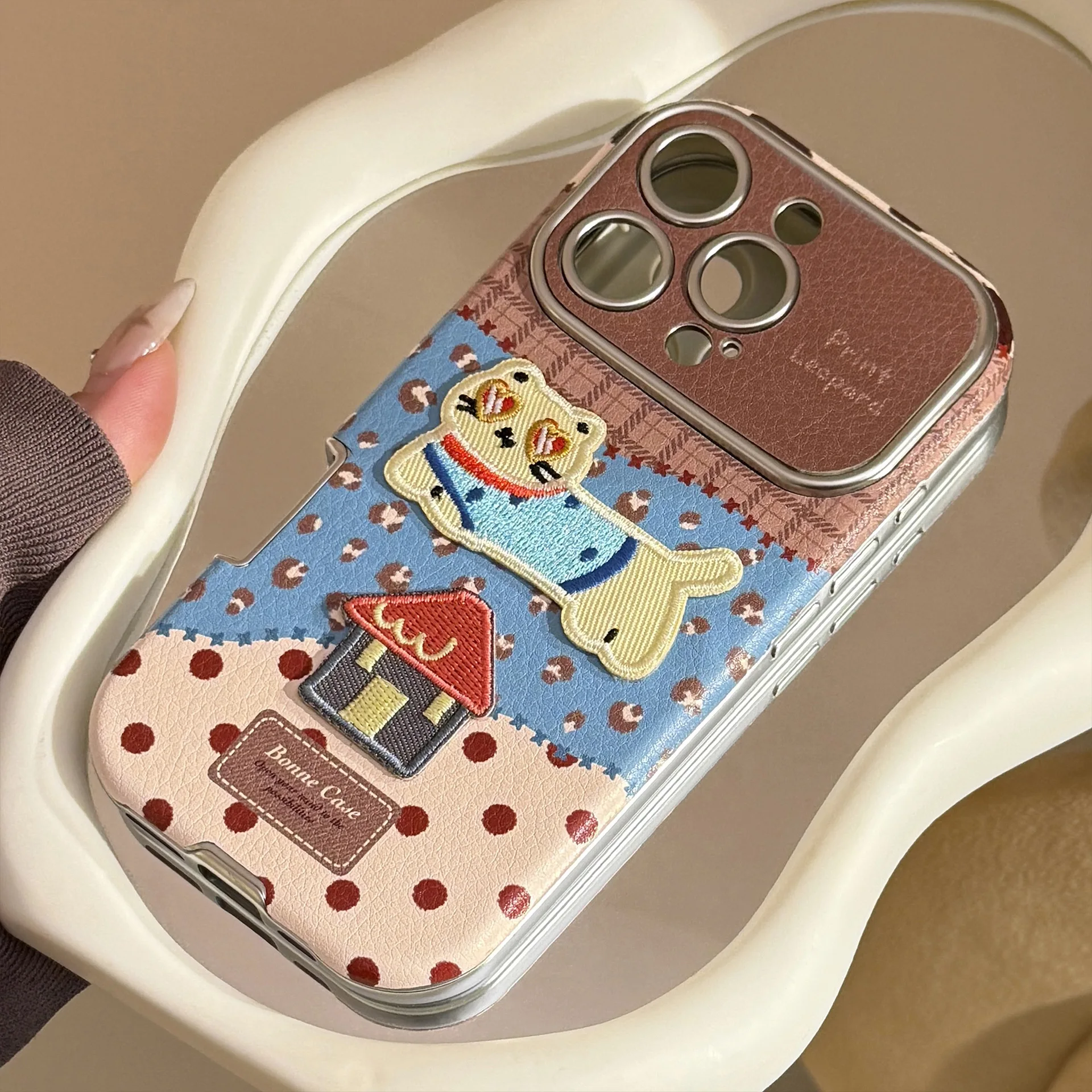 Korean Splicing Leopard Print Cartoon Cat House Faux Leather Phone Case For iPhone 17 16 15 14 13 12 11 Pro Max Shockproof Cover view 6