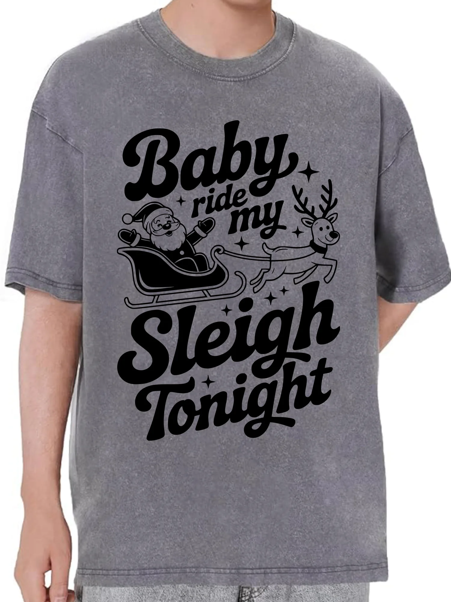 تي شيرت Ride My Sleigh 230 جرام من القطن الثقيل المغسول كبير الحجم للرجال برسومات مضحكة تي شيرت ريترو كاجوال