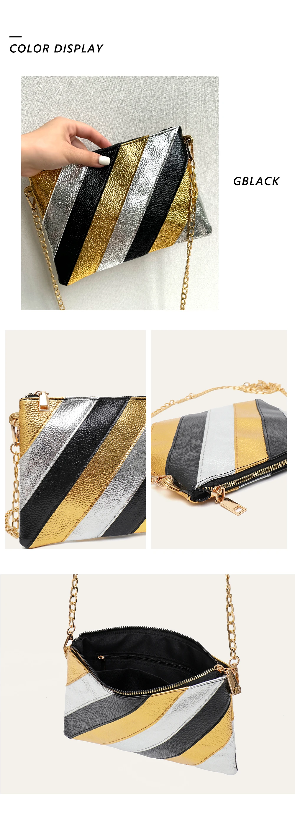 Luxus funky Metallic Farbe Streifen Pu Leder Handtasche Damen quadratische Clutch Metall kette Cross Body Geldbörse Mode Y2k Party Abschluss ball – Detail 7