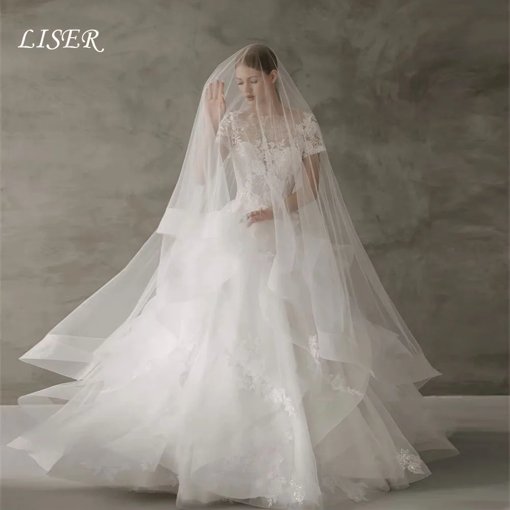 Liser Customized Elegant Floral O-Neck Wedding Dress Short Sleeves vestidos de noche Sweep Train A-Line robe de mariée 2026