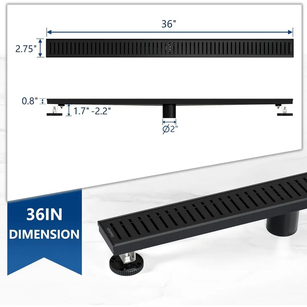 36 Matte Black Linear Shower Drain with Removable Grate, 304 Stainless Steel, CUPC Certified, Hair Strainer Included