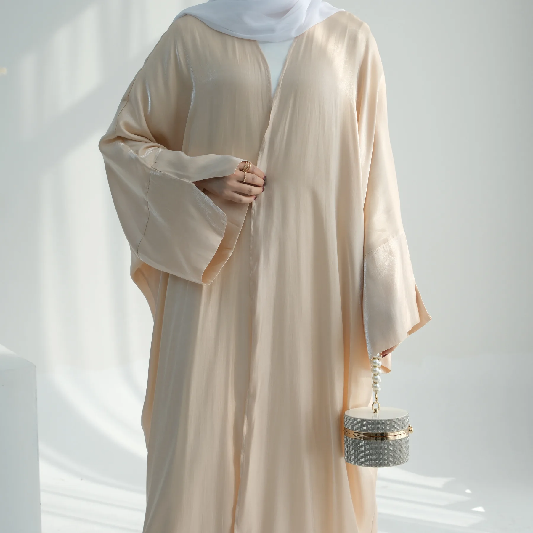 Plain Dubai open abaya moroccan kaftan turkish shiny Ramadan stain dresses Islam Muslim Modest Dress Sets Prayer Clothes Women