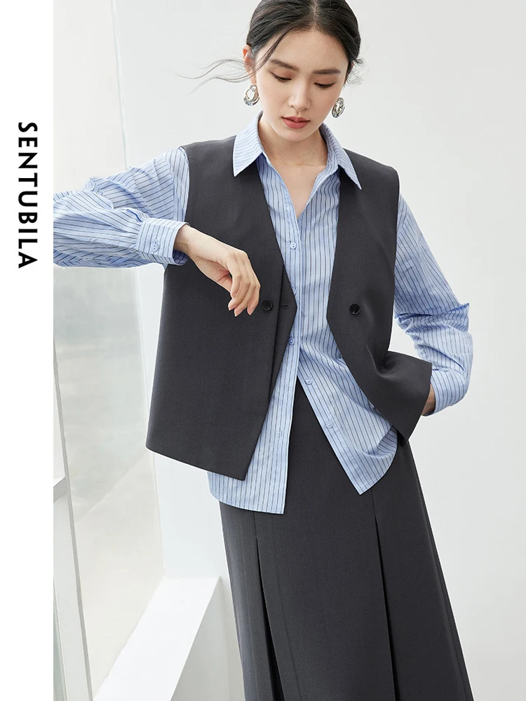 SENTUBILA Office Two Piece Set Women 2024 Autumn Sleeveless V Neck Vest A Line Folds Long Skirt New Matching Sets 143Z56485