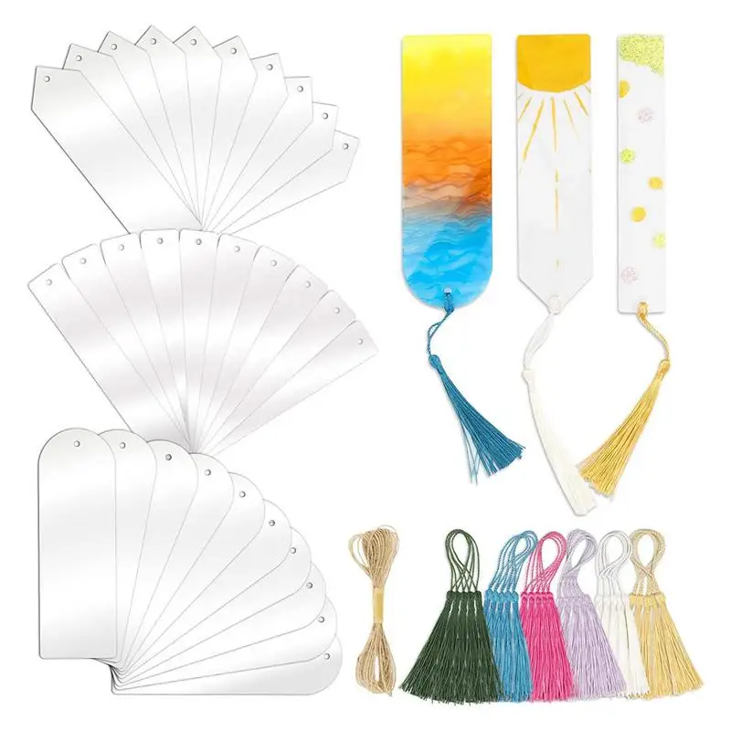 Em branco Acrílico Bookmarks Set, Bulk Clear Bookmarks, borlas para Notebook, DIY Craft, 3 Formas de 30 PCs
