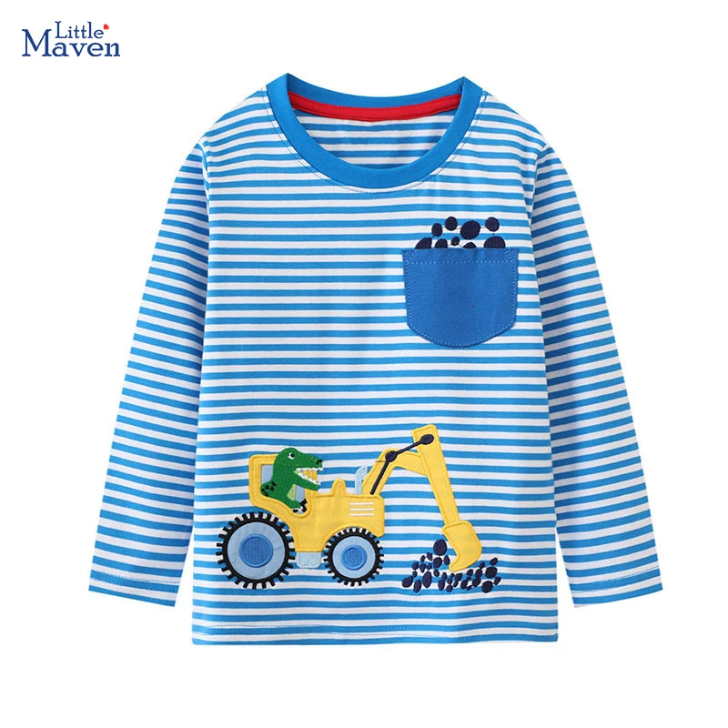 Little maven 2024 Long Sleeves T-shirt Baby Boys Spring  Autumn Casual Clothes Cartoon Dinosaur Excavator Tops for Kids