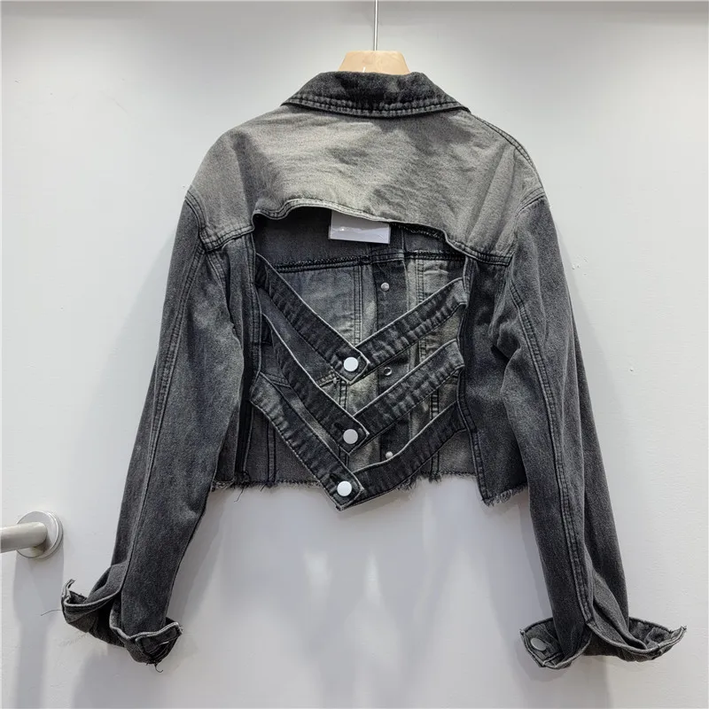 Spring Autumn Back Cross Hollow Out Design Short Denim Jacket Women Washed Blue Black Frayed Burrs Hem Long Sleeve Jeans Jacket