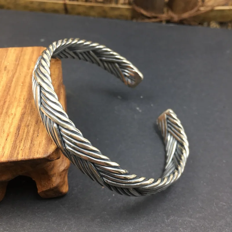 Double-Layer Woven Bracelet Men, Vintage Fashion Handmade Open Bangle, Thai Silver