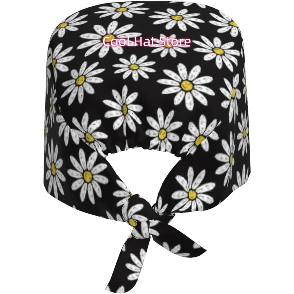 1pc Adjustable Scrub Cap with Sweatband - Lightweight 100% Polyester, & Daisy Pattern, Elastic Band & Adjustable Unisex Tie Back