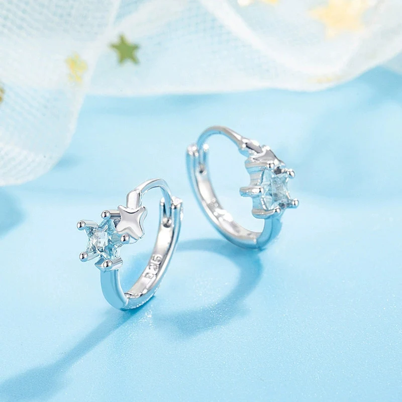 New Sparkling Blue Zircon Pentagonal Star Ear Buckle For Women Light Luxury Exquisite Temperament Daily Earrings KOFSAC