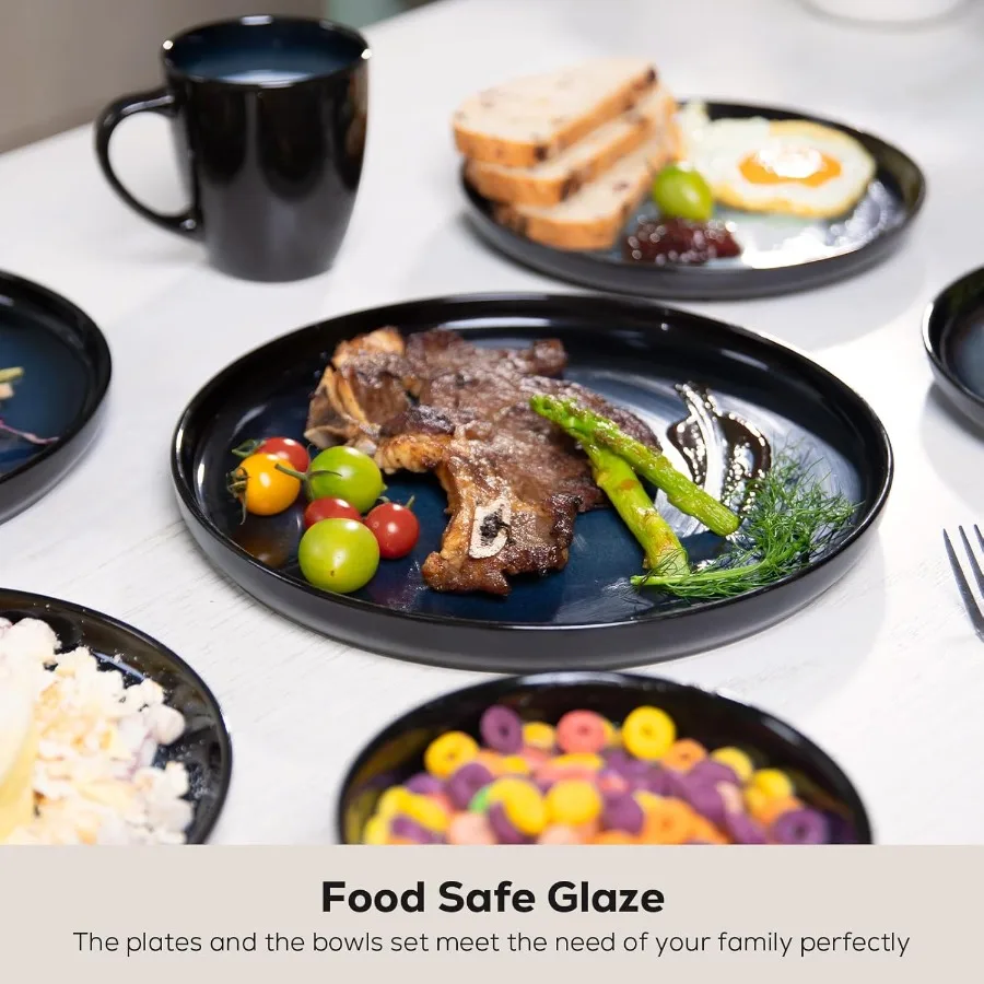 طقم أواني طعام مكون من 16 قطعة لـ 4 أطباق وأطباق من الخزف الحجري مع رقاقة أكواب ومجموعة أطباق مقاومة للخدش مصنوعة يدويًا من الزجاج التفاعلي