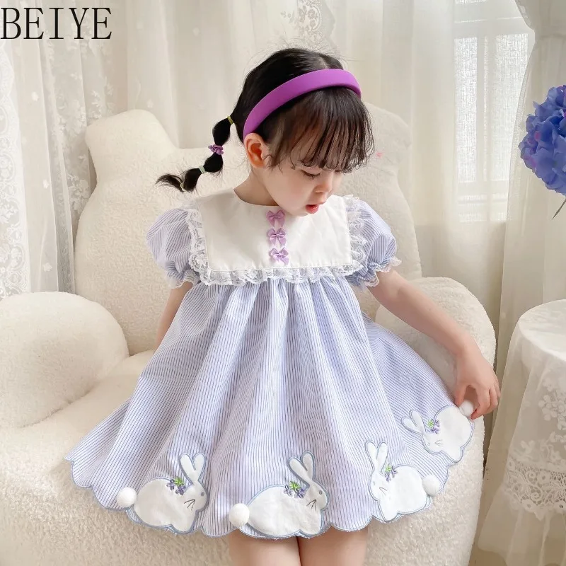 

Girls Cute Bunny Embroidery Striped Dress Kids Puff Sleeve Lace Trim Sundress Toddler Blue Casual Princess Party Dress