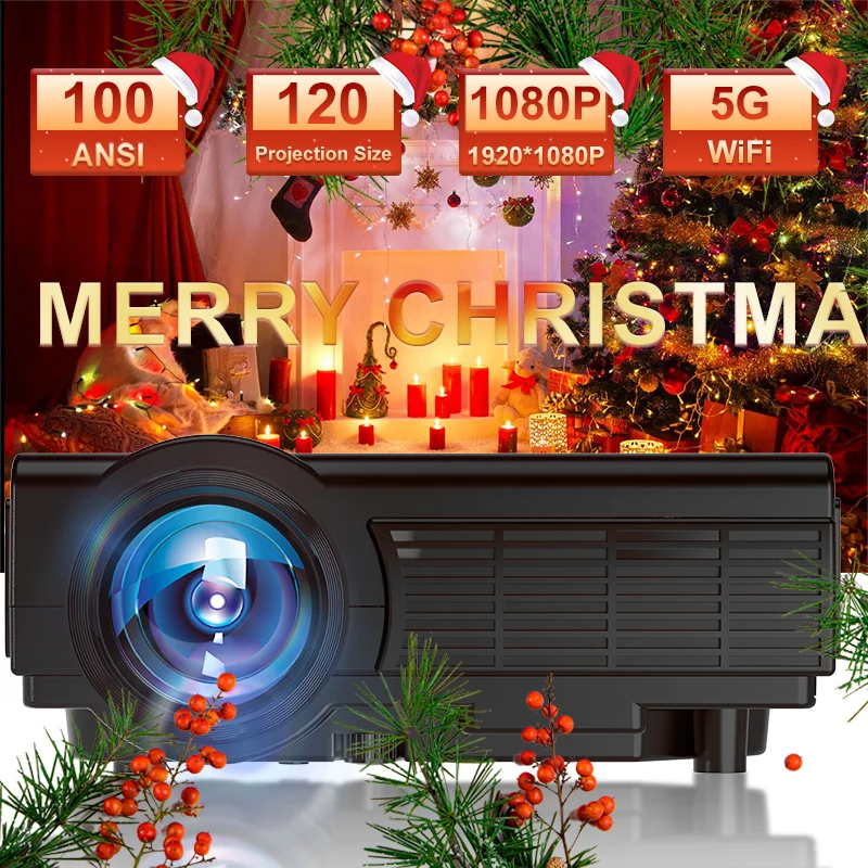 Christmas Full HD Portable LED Projector 1920*1080P 5G WiFi BT5.0 Auto Focus Video Movie Projector 4k Home Theater Gifts Beamer