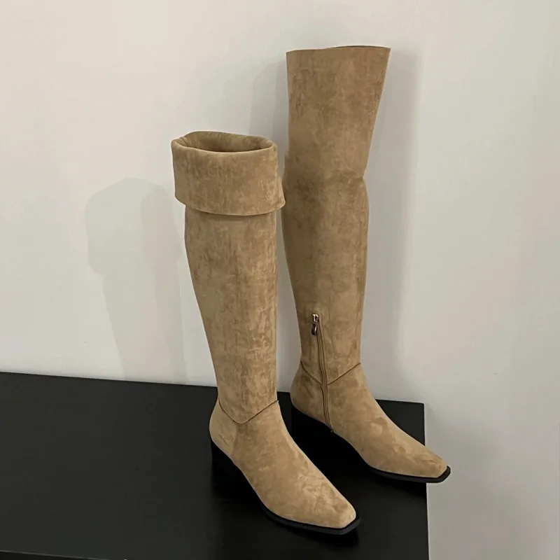 Women Elastic Slimming Suede Long Loots Autumn/Winter Fashion Female Square Toe Low Heel Over The Knee High Booties Botas Mujer