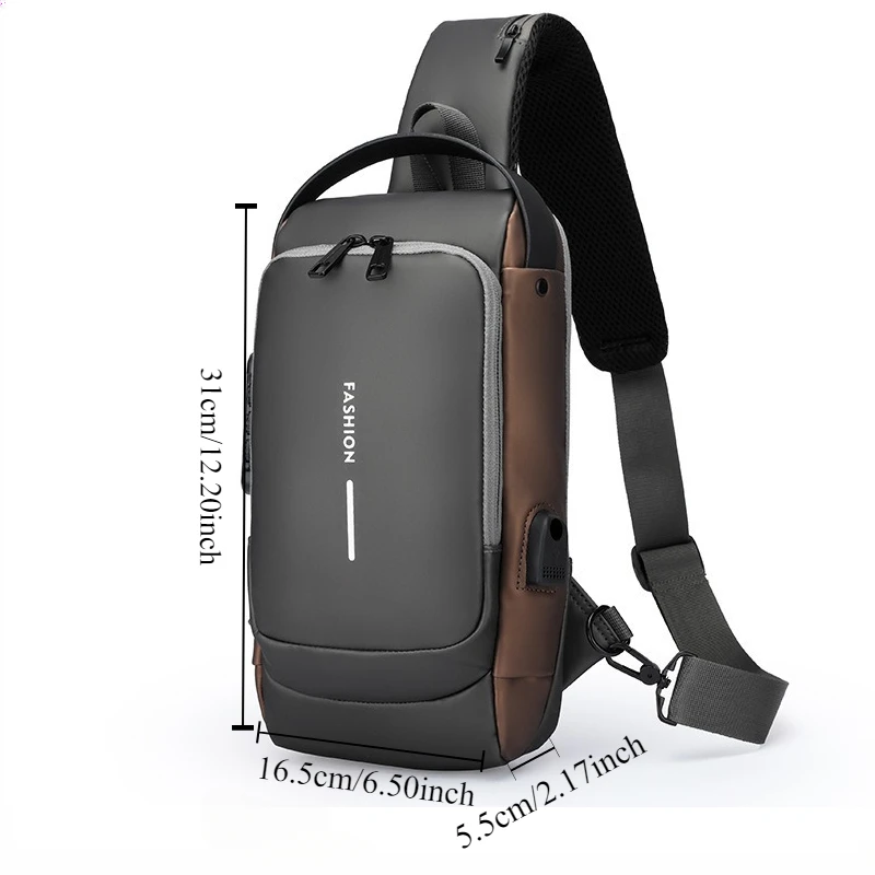 Wasserdichte Herren-Brusttasche, diebstahlsicherer Umhängetaschenrucksack mit USB-Ladeanschluss, Einzelschultertasche für Outdoor-Sportarten – Detail 7