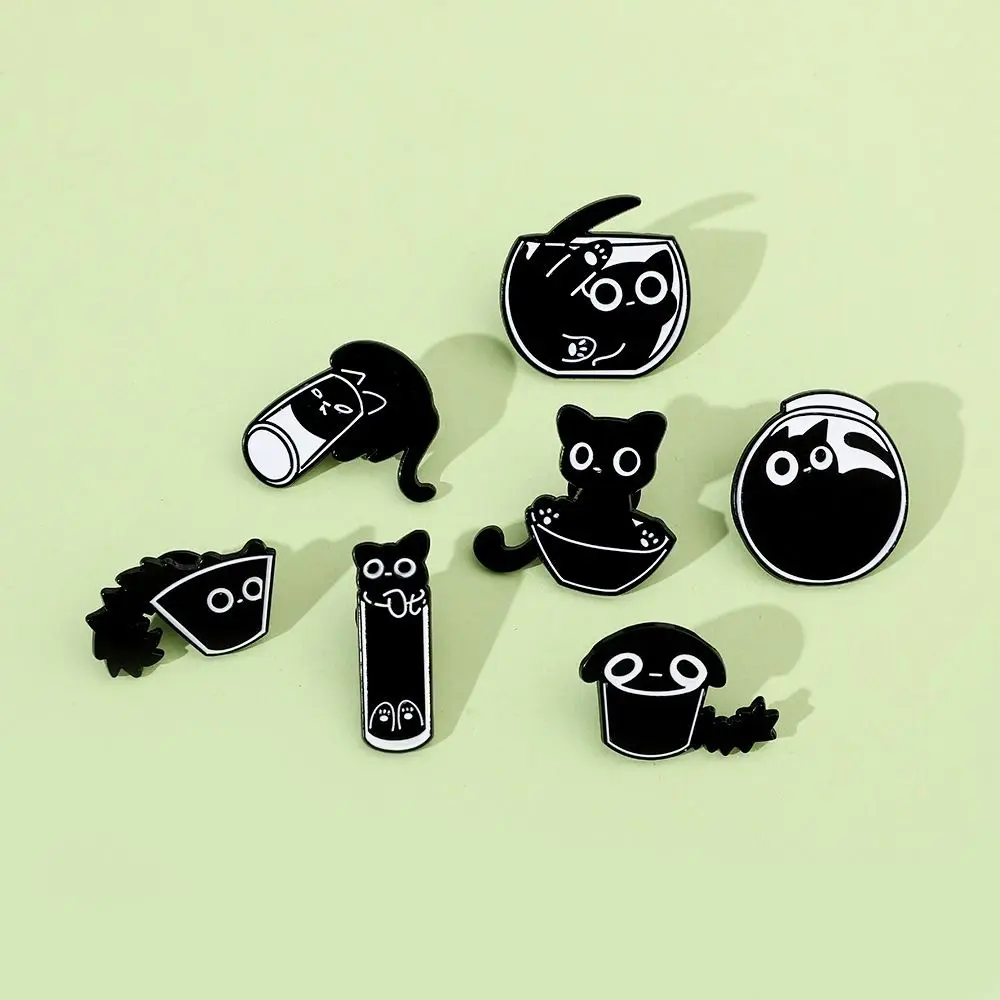 Cute Cat Black Kitten Brooches Cup Fish Tank Black Cat Enamel Pin Funny Cartoon Cat Metal Badge Clothing Accessories