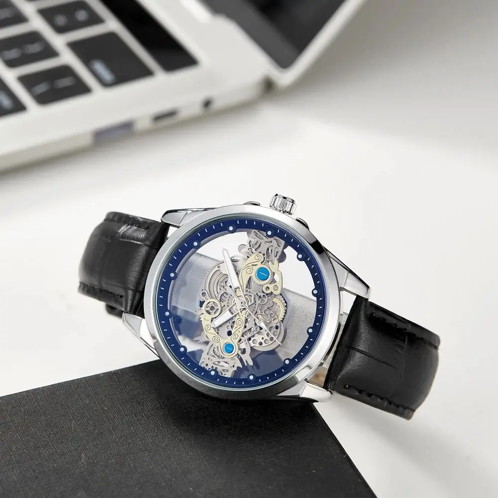 Reloj informal de moda para hombre, reloj de cuarzo con luz nocturna impermeable y transparente hueco, relojes para hombres