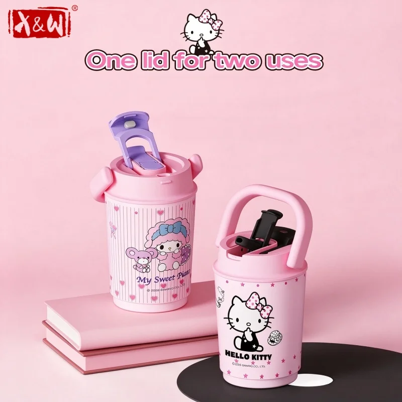 X&W Sanrio Hello Kitty Kuromi Insulated Tumbler SUS316L Thermos Cups with U-shaped Handle Cartoon Pocket Straw Cup for Milk Tea