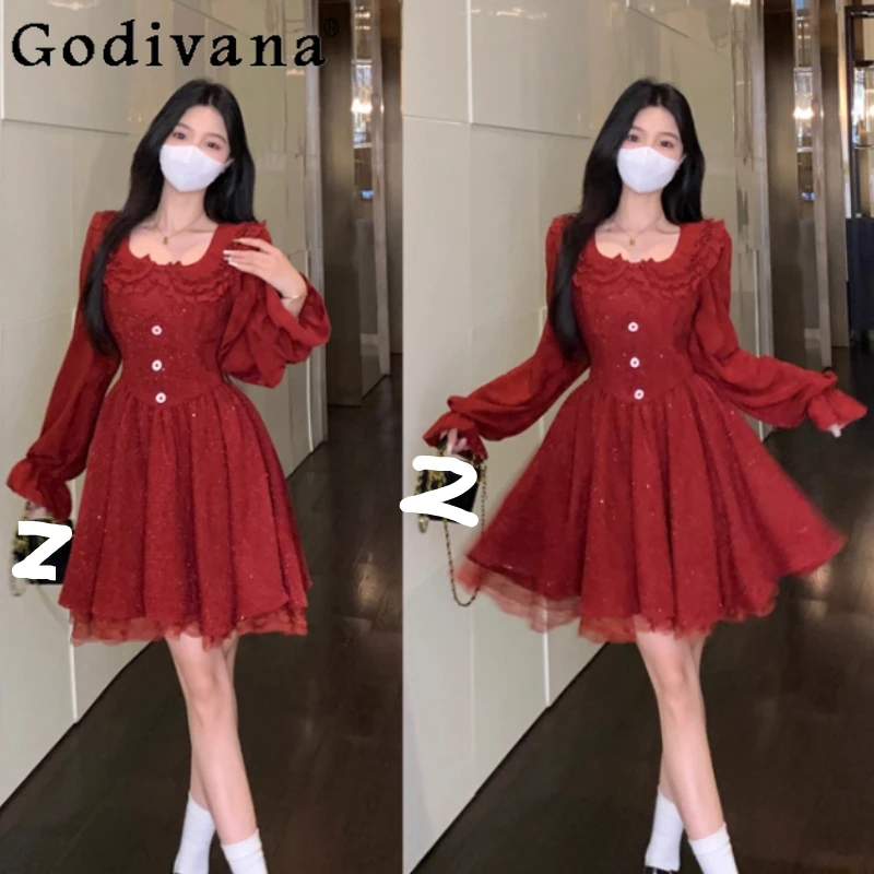 

Large Size Autumn Winter Christmas Heavy Industry Fashion Dress Korean Sweet Peter Pan Collar High Waist A-line Red Dresses