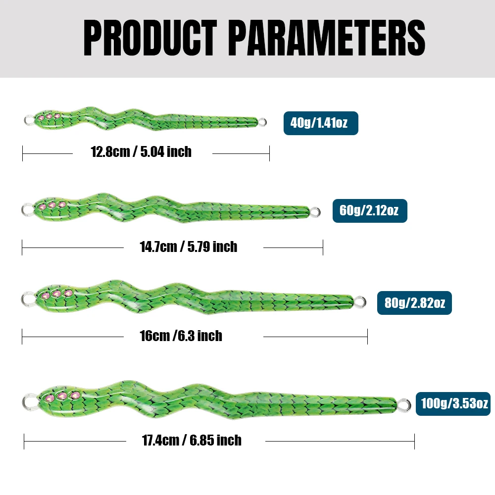 JIGGING PRO Snake Shape Metal Jig 40g-100g UV Luminous Long Cast Shore Offshore Jigging Fishing Lure for Saltwater Predator Fish