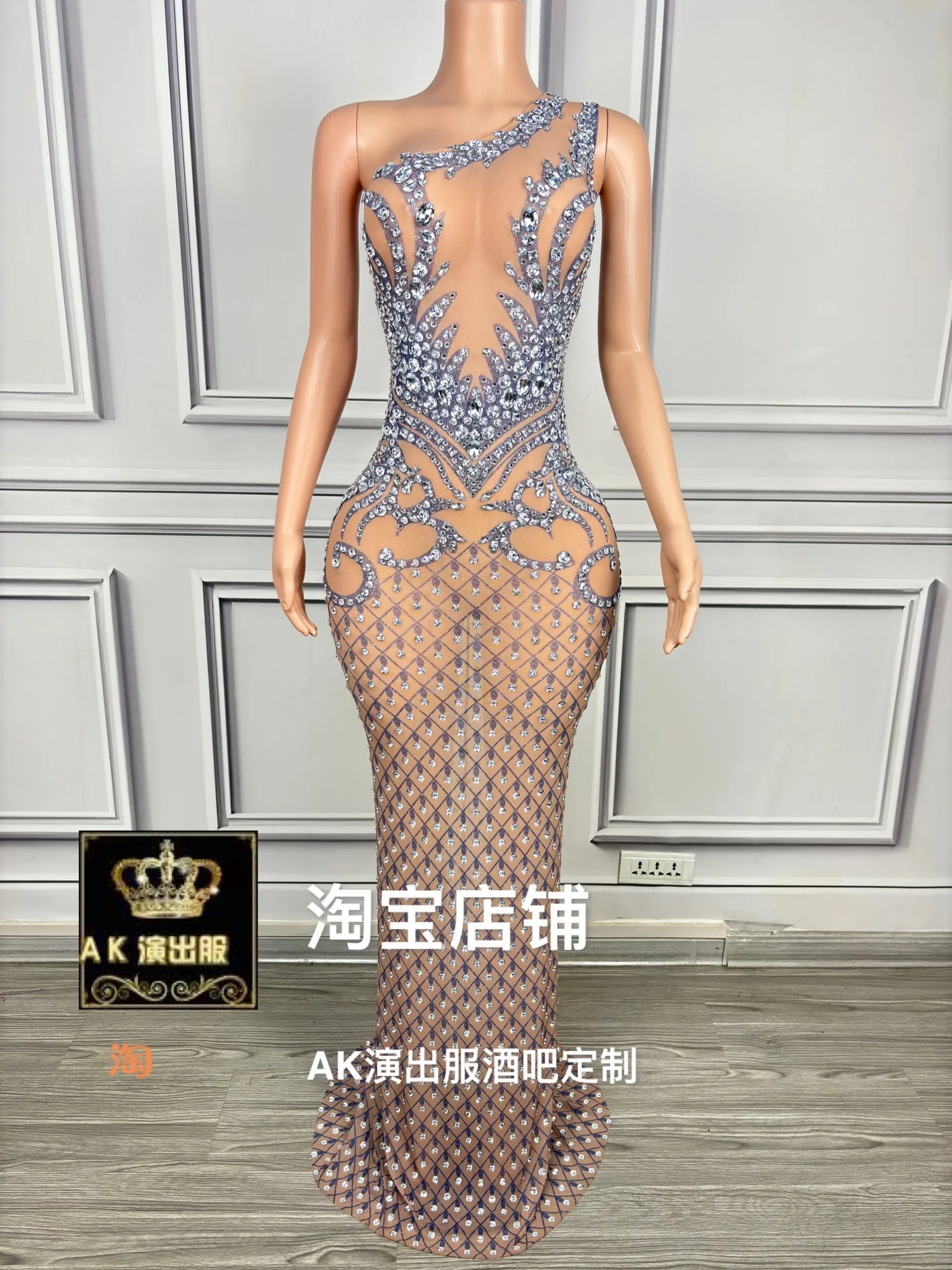 

Full Of Diamond Slanted Shoulder Thorns Mesh Perspective Long Dress Female Model Walking Show Singer Dancer Stage Sexy Clothing