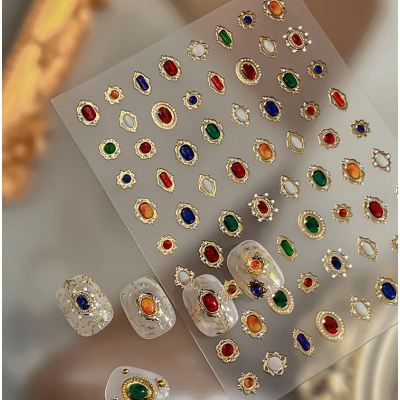 Retro Baroque Court Nail Stickers Gold Carved Frame Color Imitation Gem Pearl Luxury Self Adhesive Decals Manicure Decor Decals