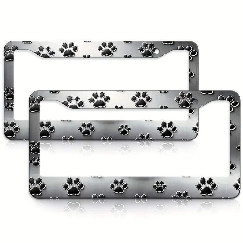 

Cute Dog Paw Print License Plate Frame Black White Pet Paw Pattern Car Licence Plate Holder Universal Stainless Steel