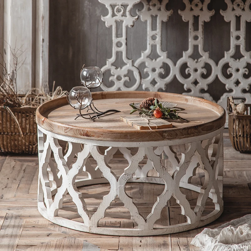 

French coffee table hotel retro modern simple creative flower carving coffee table solid wood old round living room study