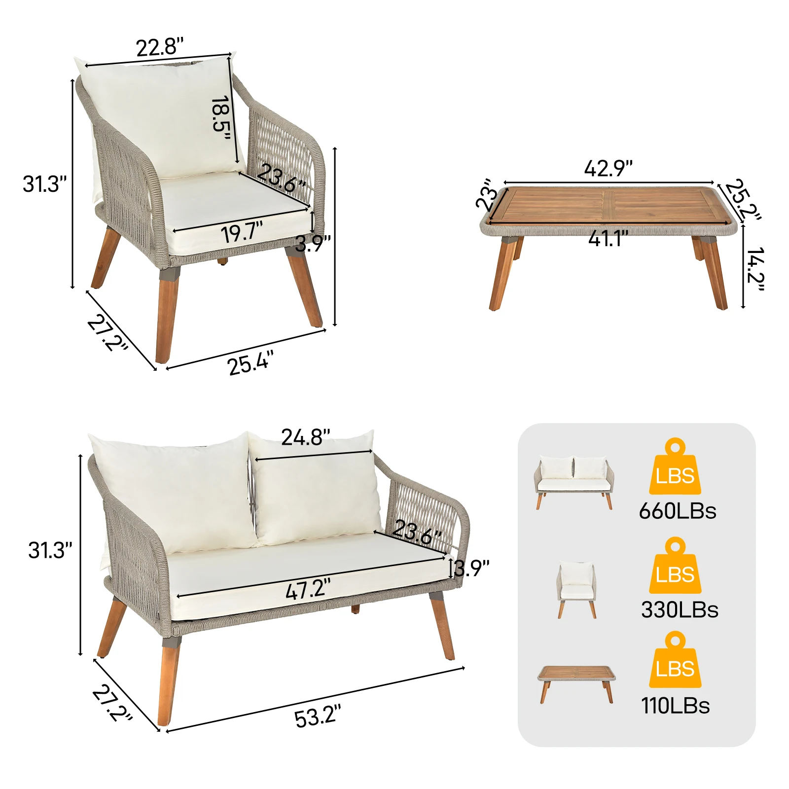 4 Piece Patio Furniture Set, Outdoor Acacia Wood Conversation Set, Loveseat, Modern Deep Seating Set Grey Rope & Beige Cushion