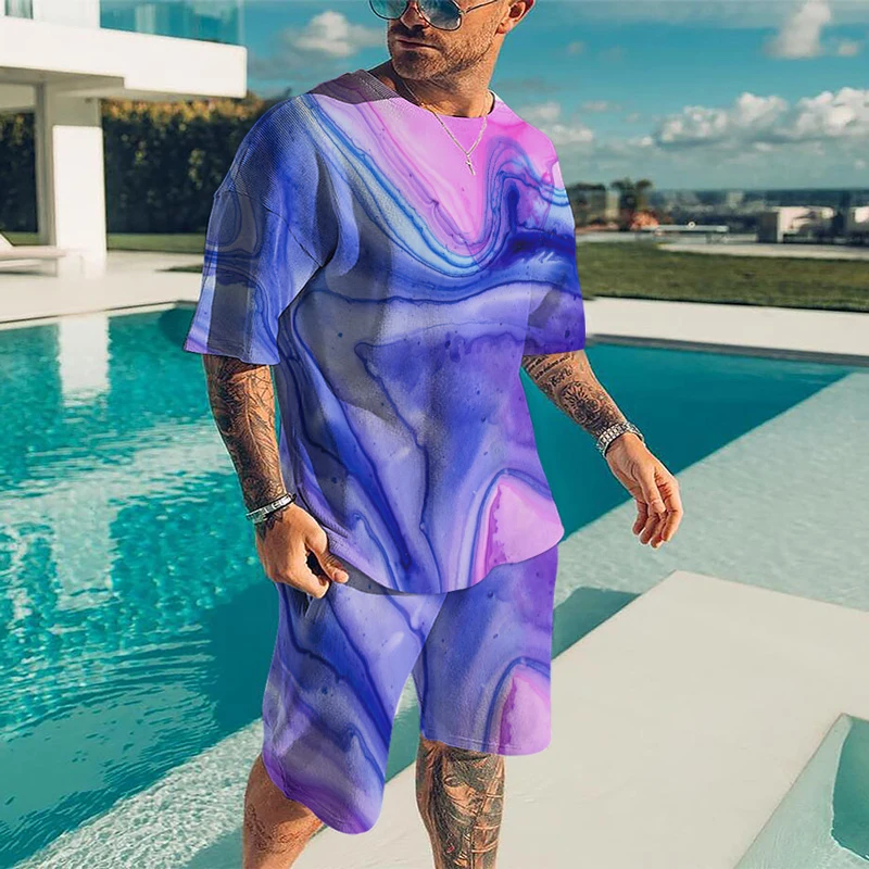 

2024 Summer New Fashionable Mens Set 3D Printed Fashionable Street Island Vacation Casual Two Piece Set Short Sleeves and Shorts