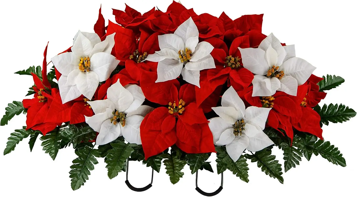 Artificial Cemetery Flowers - Christmas Poinsettias - Outdoor Grave Decorations - Red and White Poinsettias Saddle for Headstone