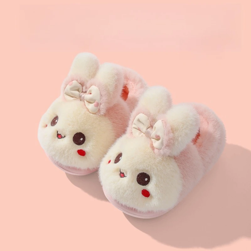 Cute Cartoon Bunny Closed Back Cotton Slippers for Girls Winter Warm Fluffy Floor Slippers Kids Anti-slip Indoor Home Shoes