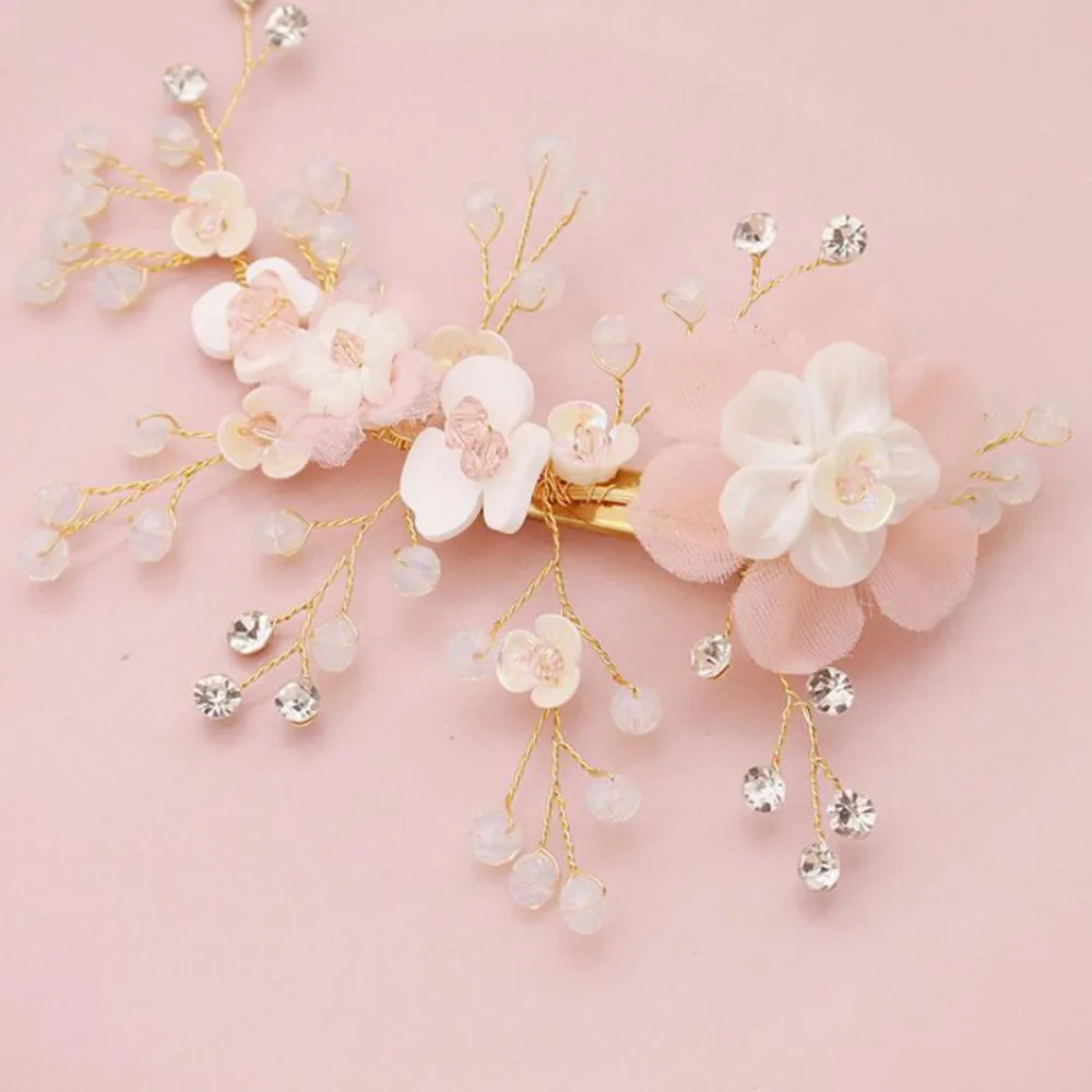 Pink Artificial Florals Crystal Bride Headwear for Girls Wedding Hair Comb Pearls BridalPiece Hair Accessories tocado novia boda