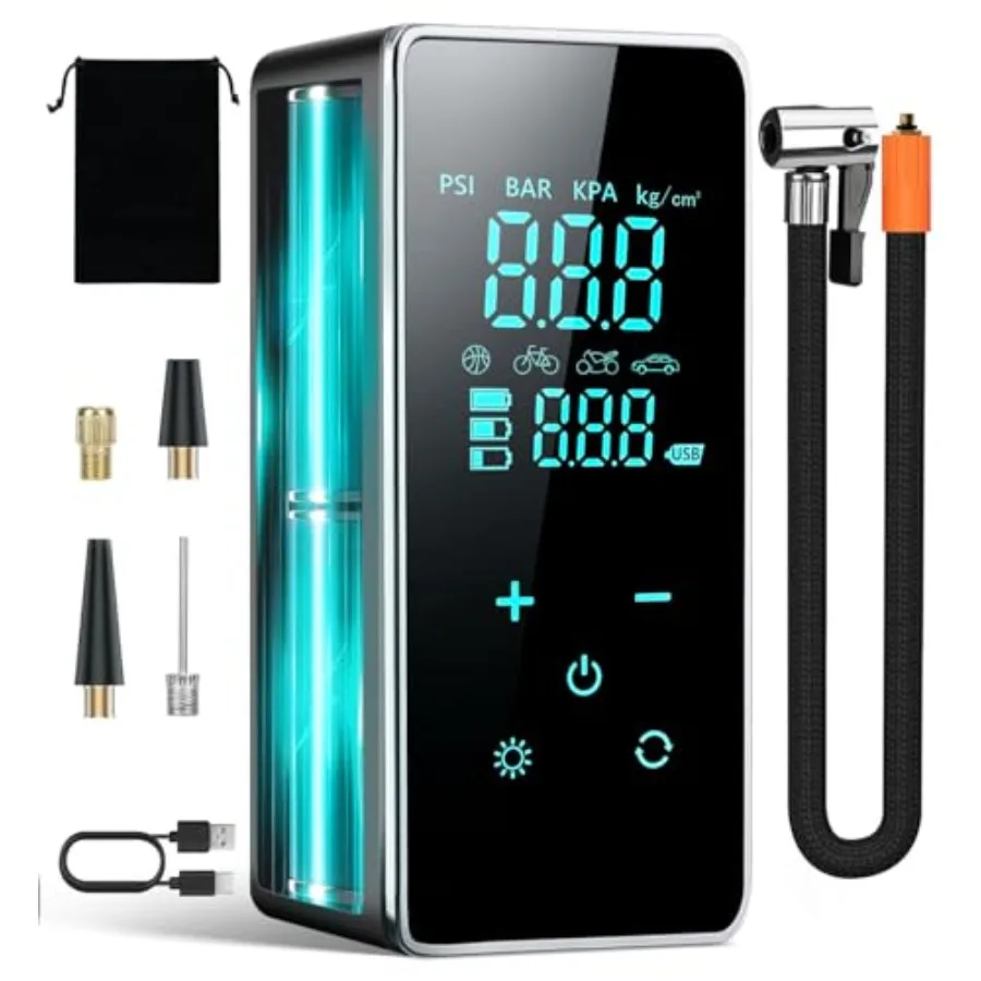 منفاخ إطارات محمول مع بطارية 18000 مللي أمبير في الساعة وضغط عالي 150 رطل لكل بوصة مربعة: ضاغط هواء كهربائي لاسلكي لسيارة دراجة نارية