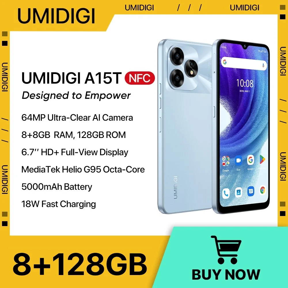 UMIDIGI A15T الهاتف الذكي أندرويد 13 MTK Helio G95 ثماني النواة NFC 8 + 8GB 128GB 64MP 6.7 ''HD + 5000mAh بطارية 18W Hotkey 4G ثنائي الشريحة