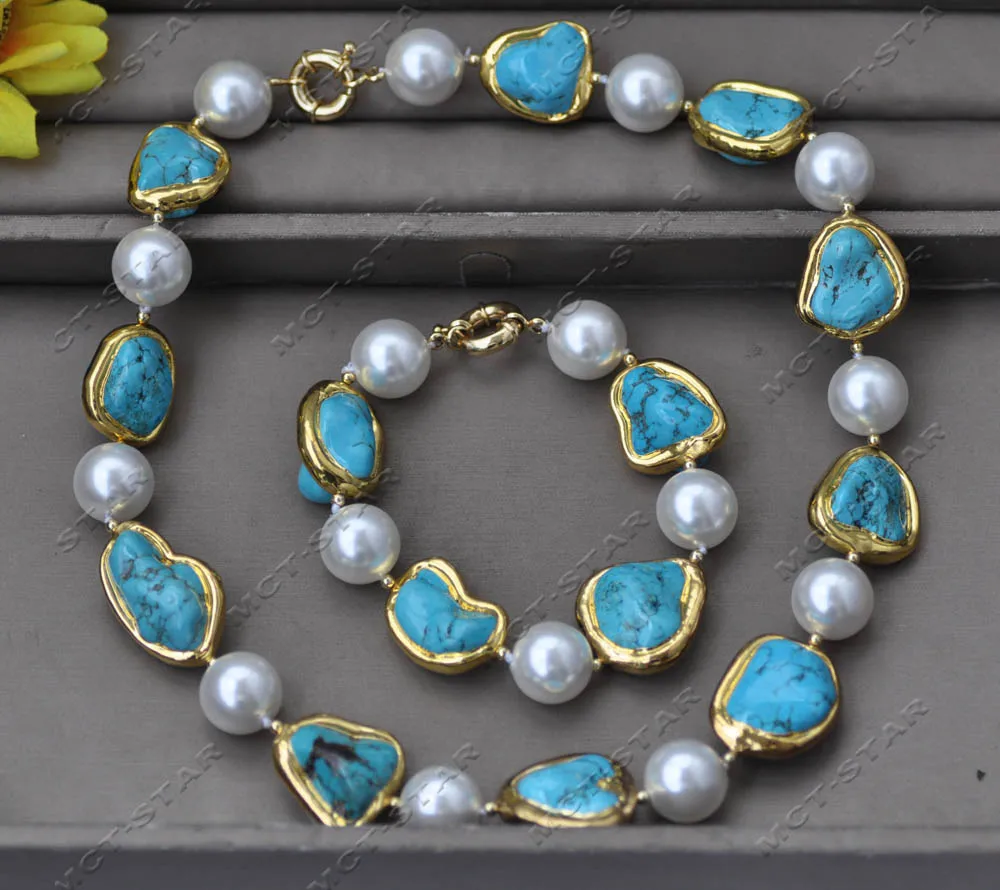 Z13441 Set 26mm Blue Baroque Gold Plated Turquoise White Shell Pearl Necklace Bracelet Custom Jewelry