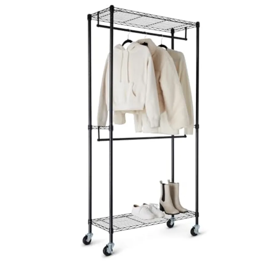 

Adjustable Double Rod Rolling Garment Rack Hanging Clothes Closet Organizer with Wheels Heavy Duty 36" x 14" x 72" Black