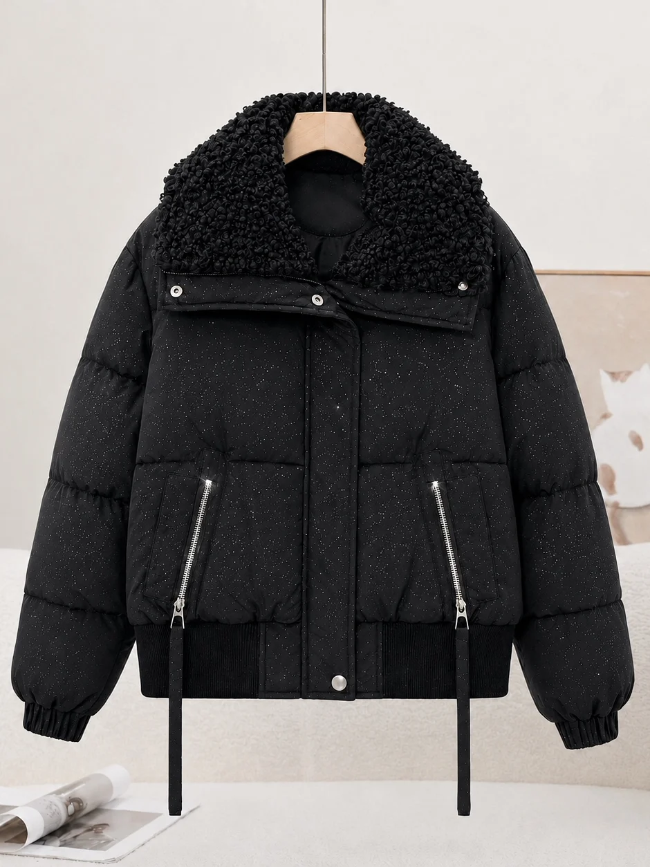 Winter New Retro Lapel Lamb Fur down Cotton Jacket plus Size Short Thick Warm Small Figure Cotton Coat Outerwear