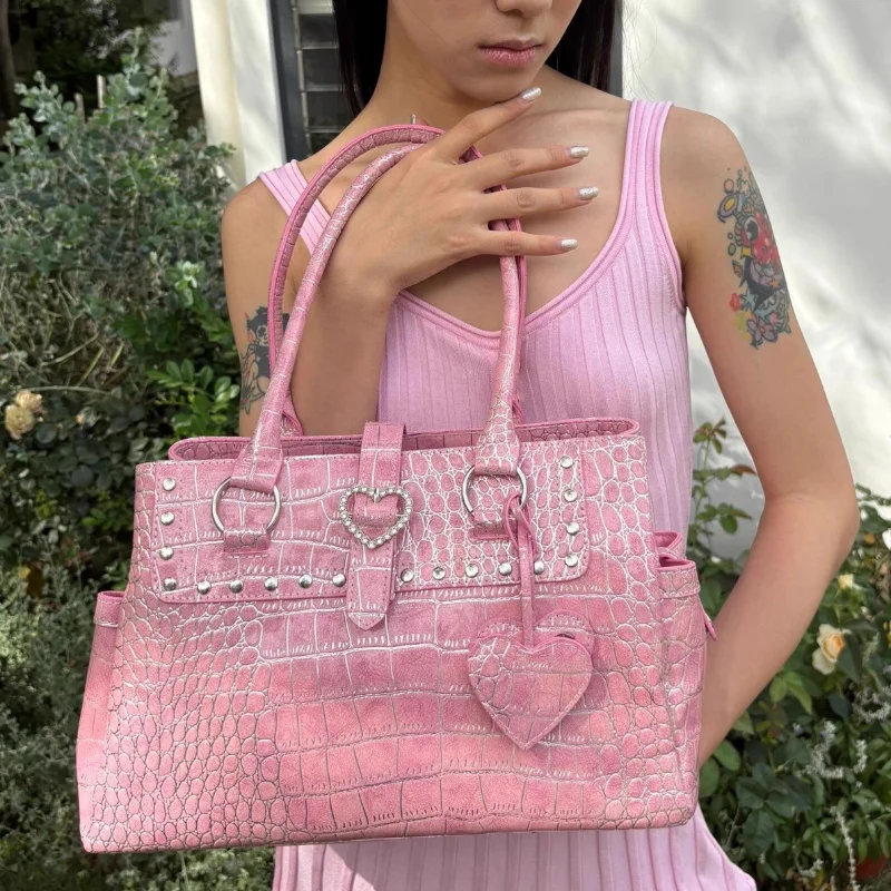 

Розовая большая сумка с крокодиловым узором Y2k Стиль Love Design Женский портфель с заклепками Боковой карман Сумка Брендовая сумка на плечо для поездок на работу