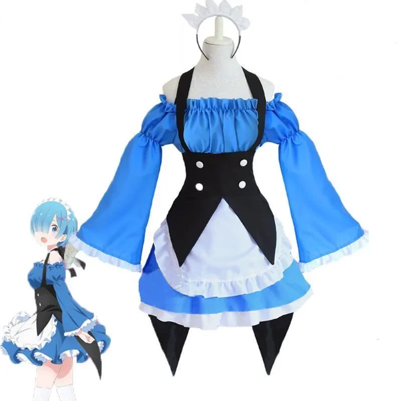 Anime Re:Zero Kara Hajimeru Cosplay Costume Rem Ram Long Sleeve Boat Neck Strapless Maid Dress Costume Cosplay