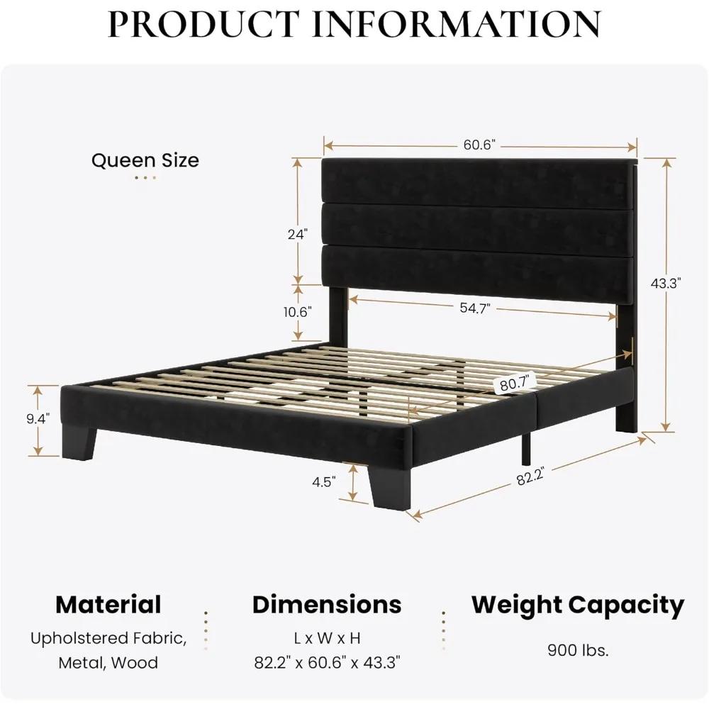 SHA CERLIN Queen Platform Bed Frame with Velvet Upholstered Headboard, Mattress Foundation with Strong Wooden Slats Support