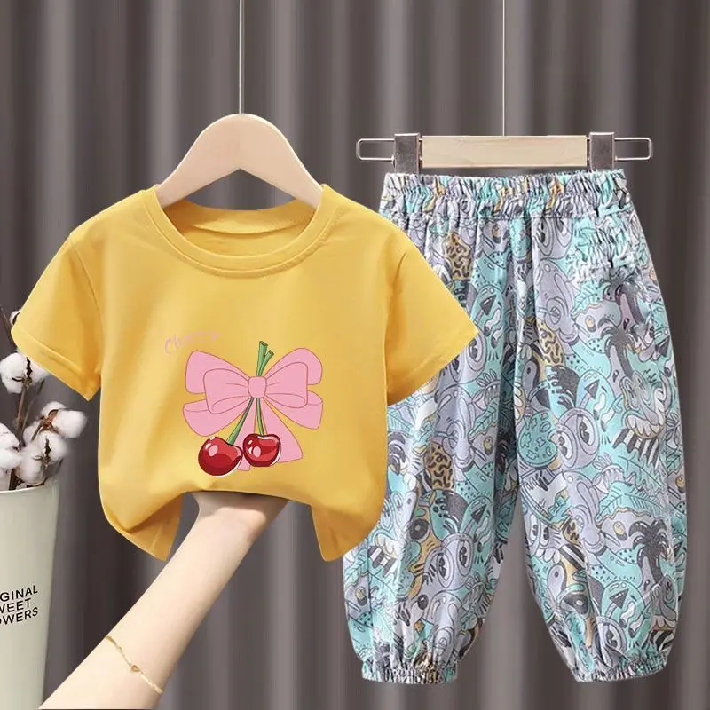 Children\'s Clothing Sets Cherry Print Bow Short Sleeve Top + Floral Printed Trousers Kids Clothes Boys Girls for 2 To 8 Years