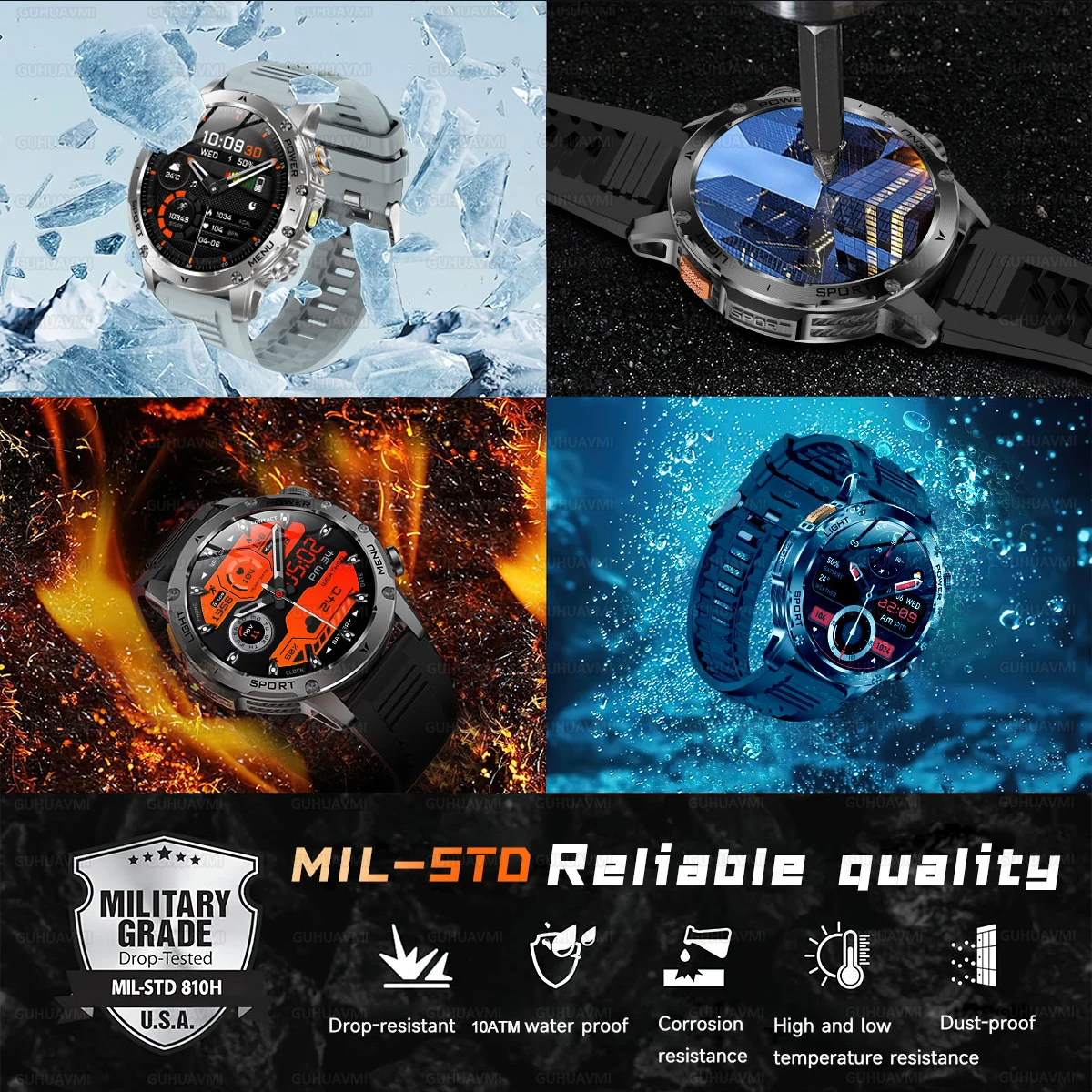 New Military T-Rex 3 Ultra 1.7 inches 1000mAh Battery SmartWatch 10ATM Waterproof Flashlight Heart Rate Sports tracker watch Men